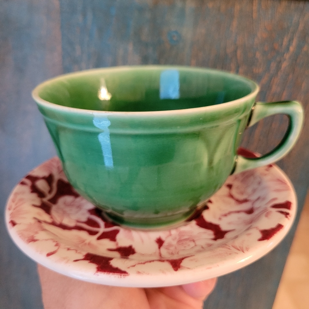 Vintage Cup & Saucer ~ Mayer China Red Arbor & Mt Clemens Petal Green ~ MCM
